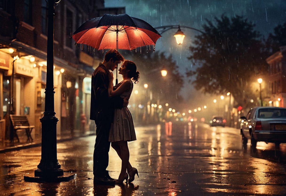 A captivating scene depicting a couple in a passionate embrace under a rain-soaked streetlamp, with tears and smiles blending in their expressions. Surrounding them, film reels and heart-shaped frames symbolize the emotional journey of romance and heartbreak. The background is a dreamy cinematic landscape, imbuing a sense of nostalgia and drama. moody lighting. cinematic style. vibrant colors.