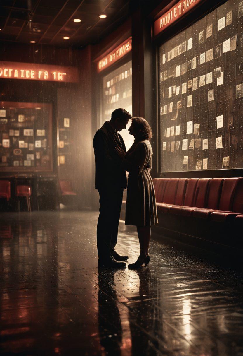 A dramatic scene showcasing a tearful couple at a dimly lit movie theater, the screen behind them glowing with a classic romantic film. Soft raindrops on the window add to the melancholic atmosphere, capturing the essence of heartbreak. Frame adorned with film reels and love letters scattered on the floor. vintage film noir style. moody colors.