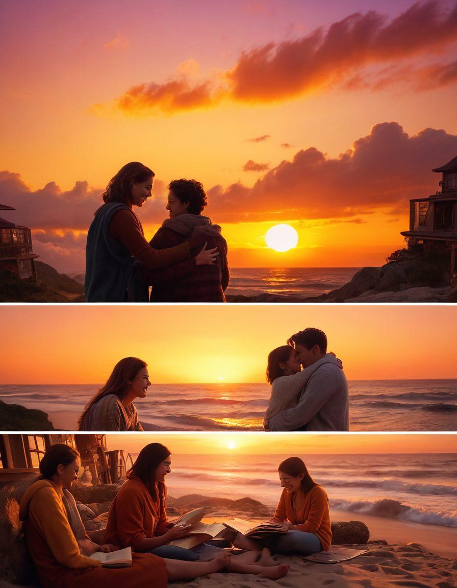 A heartwarming scene depicting diverse people sharing affectionate moments, such as warm hugs, joyful laughter, and tender glances, set against a backdrop of a vibrant sunset that symbolizes emotional depth. Include elements of storytelling, like open books and film reels, subtly incorporated into the environment. Use rich colors to evoke nostalgia and warmth. super-realistic. vibrant colors. cinematic style.